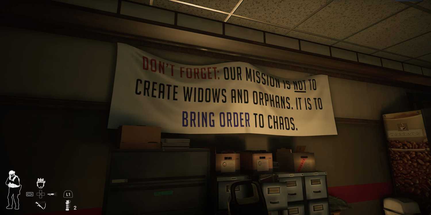 A banner in a game environment from Ready or Not. It says "Our mission is not to create widows and orphans, our mission is to bring order to chaos. " A banner in a game environment from Ready or Not. It says Our mission is not to create widows and orphans, our mission is to bring order to chaos.
