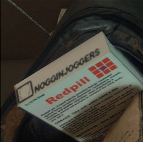 A screenshot from the video game Ready or Not. in the game, there is a package of pills that reads "Nogginjoggers" and "Redpill" A screenshot from the video game Ready or Not. in the game, there is a package of pills that reads Nogginjoggers and Redpill