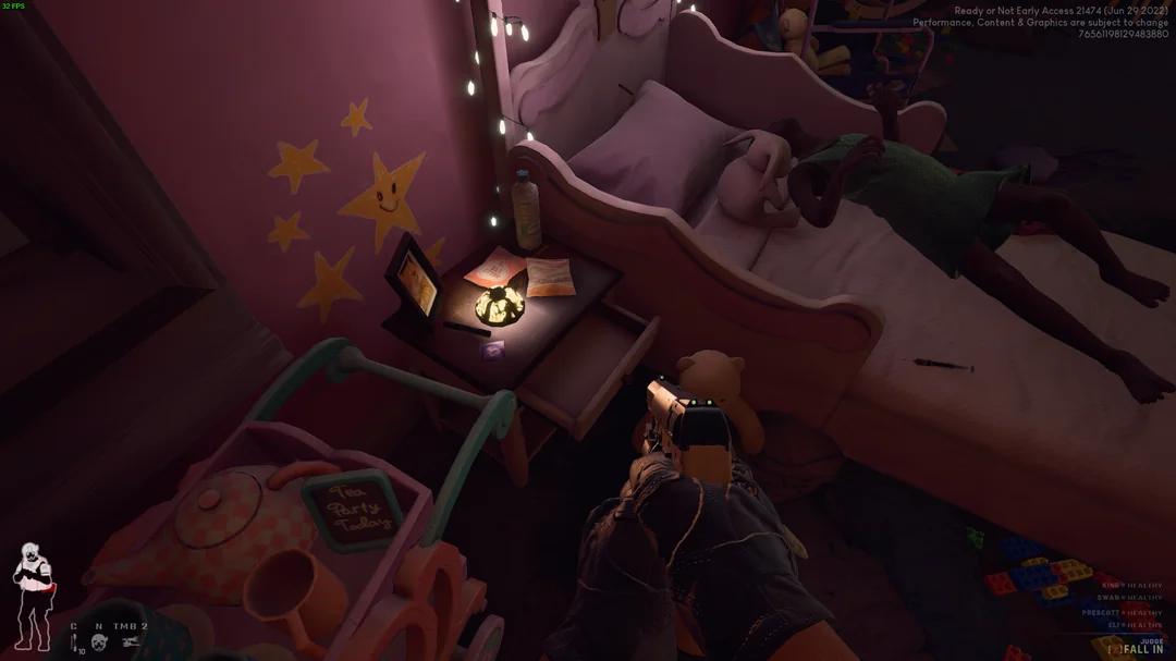 A screenshot from Ready or Not. In the video game environment is a small girl's room. On the girl's nightstand is a condom and on her bed, a used heroin needle. A screenshot from Ready or Not. In the video game environment is a small girl's room. On the girl's nightstand is a condom and on her bed, a used heroin needle.